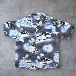 Vintage 90s Gray‎ Hawaiian Shirt Medium Rayon Floral Palm Summer Beach Dad